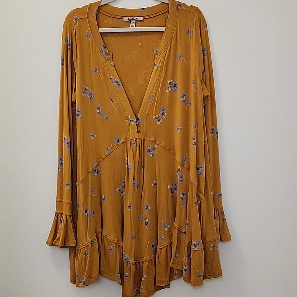 NWOT Free People Olivia Printed Tunic Yellow Buttery-Soft Size Meduim